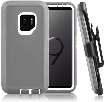 SAMSUNG Galaxy S9+ Case (Belt Clip fit Otterbox Defender) Heavy Duty Rugged Multi Layer Hybrid Protective Shockproof Cover with Belt Clip [Compatible for SAMSUNG GALAXY S9+] 6.2 inch (GRAY & WHITE) - Place Wireless