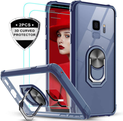 Samsung Galaxy S9 Case with 3D PET Screen Protector [2 Pack], Clear Crystal Military Grade Protective Phone Case with Ring Car Mount Kickstand for Samsung S9. - Place Wireless