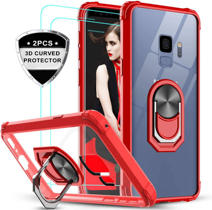 Samsung Galaxy S9 Case with 3D PET Screen Protector [2 Pack], Clear Crystal Military Grade Protective Phone Case with Ring Car Mount Kickstand for Samsung S9. - Place Wireless