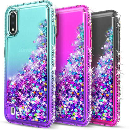 For Samsung Galaxy A01 Case, Glitter Bling Phone Cover+ Tempered Glass Protector - Place Wireless