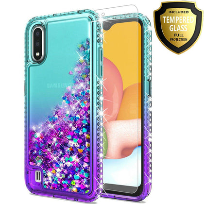 For Samsung Galaxy A01 Case, Glitter Bling Phone Cover+ Tempered Glass Protector - Place Wireless