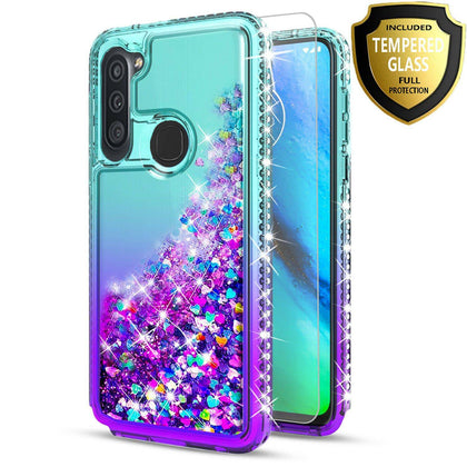 For Samsung Galaxy A11 Case, Liquid Glitter Bling + Tempered Glass Protector - Place Wireless