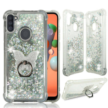 For Samsung Galaxy A11, Liquid Glitter Bling Clear Protective Case Ring Stand - Place Wireless