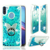 For Samsung Galaxy A11, Liquid Glitter Bling Clear Protective Case Ring Stand