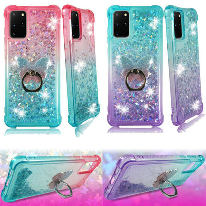 For Galaxy A51 5G, A71 5G, Liquid Glitter Bling Bumper Case Clear + Phone Ring - Place Wireless