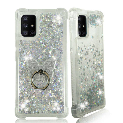 For Galaxy A51 5G, A71 5G, Liquid Glitter Bling Bumper Case Clear + Phone Ring - Place Wireless