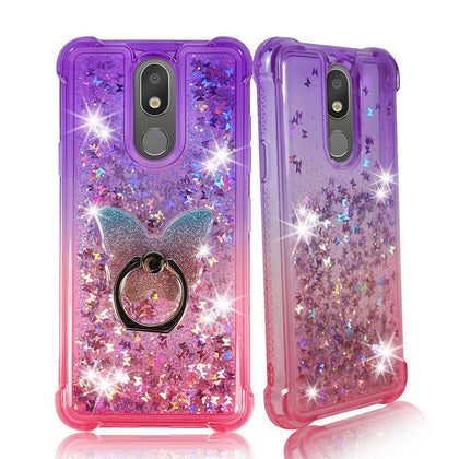 For LG Aristo 4 Plus , Tribute Royal , Arena 2 , Escape Plus , K30 (2019), LG Prime 2 Liquid Glitter Rubber Clear Case Cover Ring Stand - Place Wireless