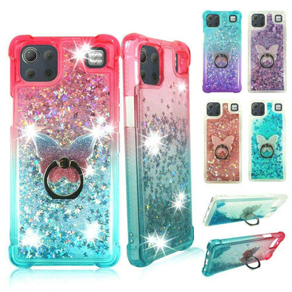 For LG K92 (5G) - Liquid Glitter Bling Clear Protective Case Cover + Ring Stand - Place Wireless