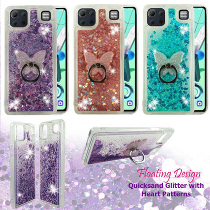 For LG K92 (5G) - Liquid Glitter Bling Clear Protective Case Cover + Ring Stand - Place Wireless