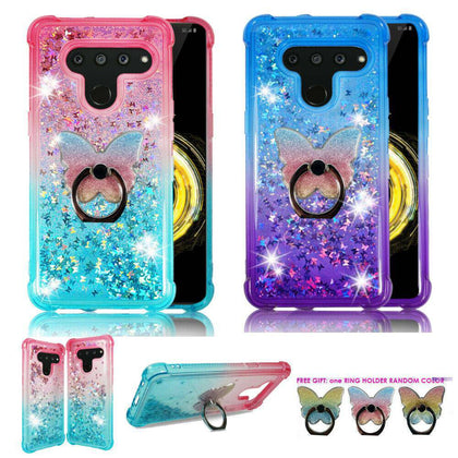 For LG V50, V50 ThinQ 5G Liquid Quicksand Glitter Soft Rubber Bling Case Cover w Ring - Place Wireless