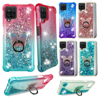 For Samsung Galaxy A12 2021- Liquid Glitter Bling Case Cover Phone Ring Stand