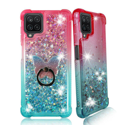 For Samsung Galaxy A12 2021- Liquid Glitter Bling Case Cover Phone Ring Stand