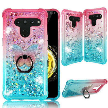 For LG V50, V50 ThinQ 5G Liquid Quicksand Glitter Soft Rubber Bling Case Cover w Ring - Place Wireless