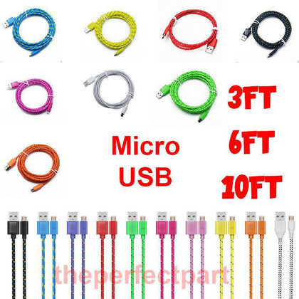 3 6 10FT Micro USB Braided Fast Charger Data Sync Cable Cord For Samsung Android - Place Wireless